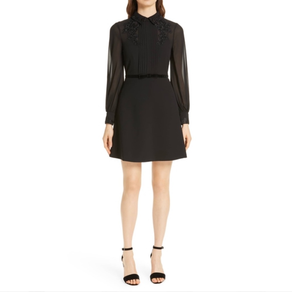 Ted Baker Embroidered Collared Long Sleeve Black Mini Dress